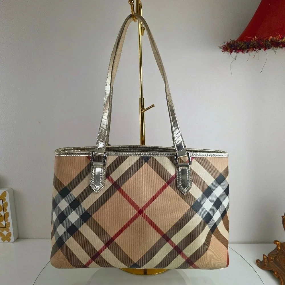 Burberry Supernova Check Tote Regent Coated Canvas Patent Leather Gold Beige